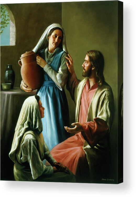 Jesus Talking With Mary And Martha. Acrylic Print featuring the painting Mary And Martha by David Lindsley