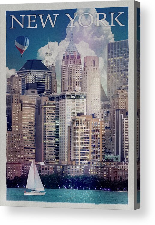 New York Manhattan River Front Acrylic Print featuring the mixed media New York Manhattan River Front by Old Red Truck