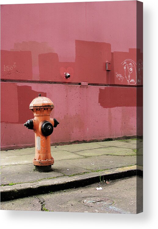 Spray Acrylic Print featuring the photograph Orange Fire Hydrant With Pink And Red by Kevinruss