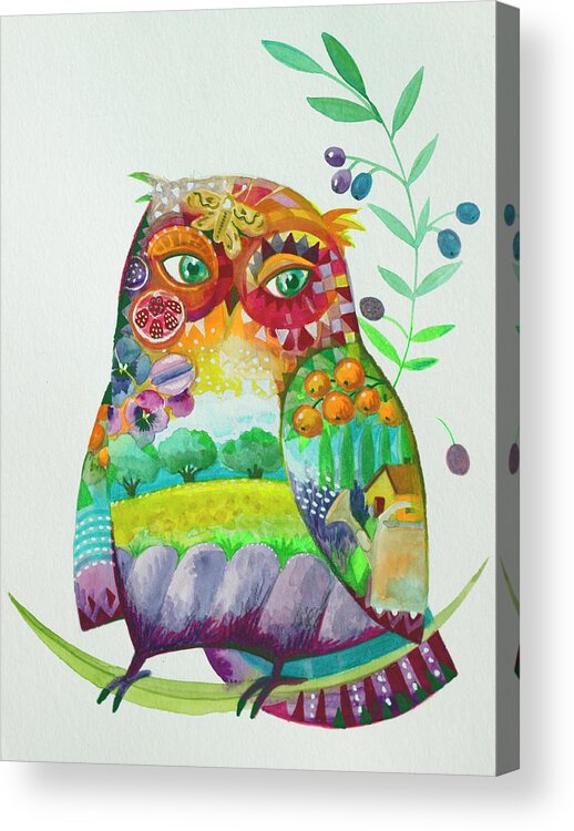 Owl From Provence Acrylic Print featuring the painting Owl From Provence by Oxana Zaika