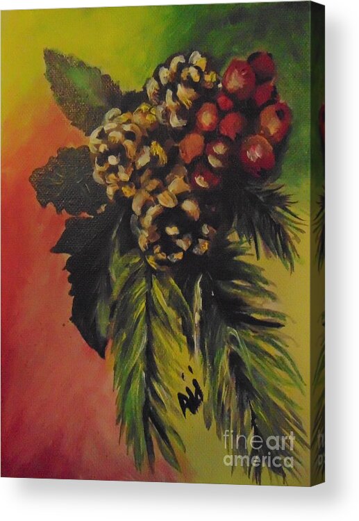 Christmas Acrylic Print featuring the painting Pine Cones and Berries by Saundra Johnson