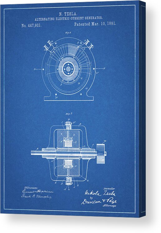 Pp1090-blueprint Tesla Alternating Current Generator Poster Acrylic Print featuring the digital art Pp1090-blueprint Tesla Alternating Current Generator Poster by Cole Borders