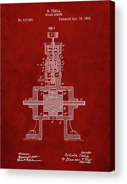 Pp1096-burgundy Tesla Steam Engine Patent Poster Acrylic Print featuring the digital art Pp1096-burgundy Tesla Steam Engine Patent Poster by Cole Borders