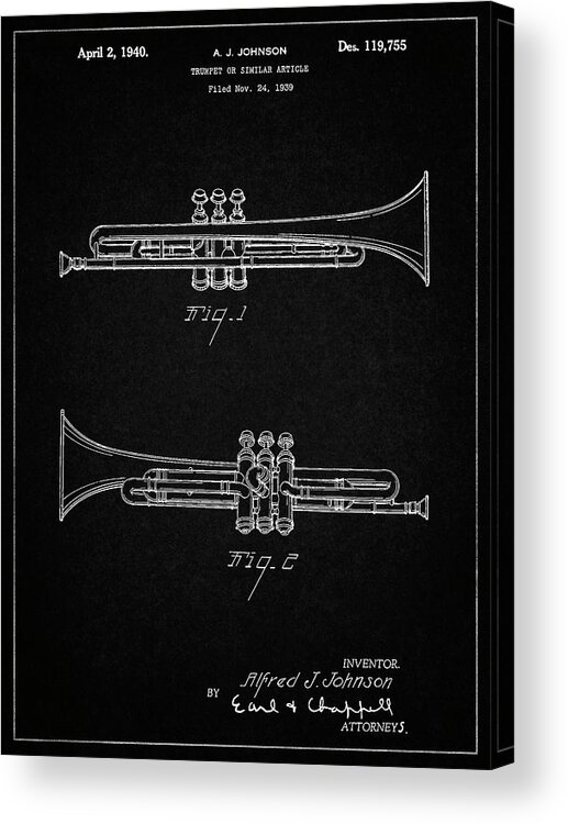 Pp1140-vintage Black York Trumpet 1939 Patent Poster Acrylic Print featuring the digital art Pp1140-vintage Black York Trumpet 1939 Patent Poster by Cole Borders