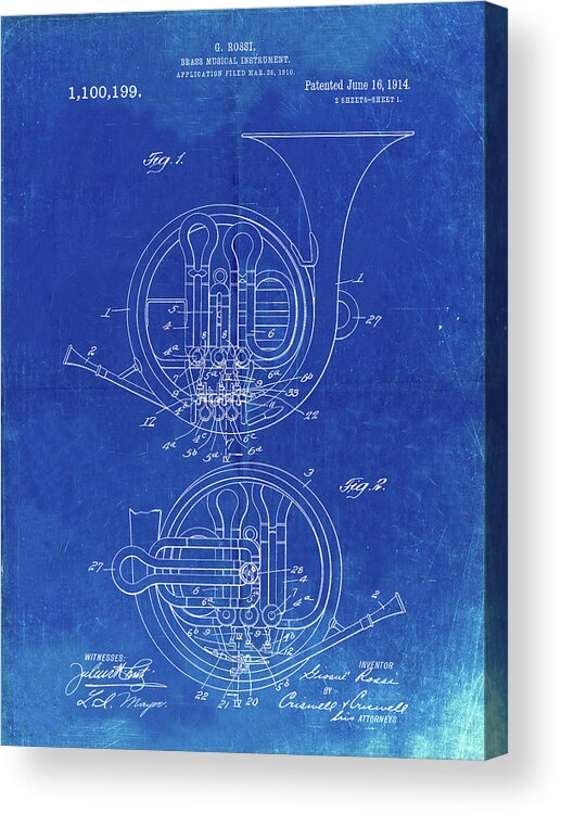 Pp188- Faded Blueprint French Horn 1914 Patent Poster Acrylic Print featuring the digital art Pp188- Faded Blueprint French Horn 1914 Patent Poster by Cole Borders