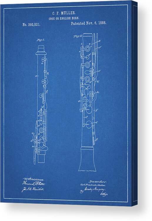 Pp247-blueprint Oboe Patent Poster Acrylic Print featuring the digital art Pp247-blueprint Oboe Patent Poster by Cole Borders