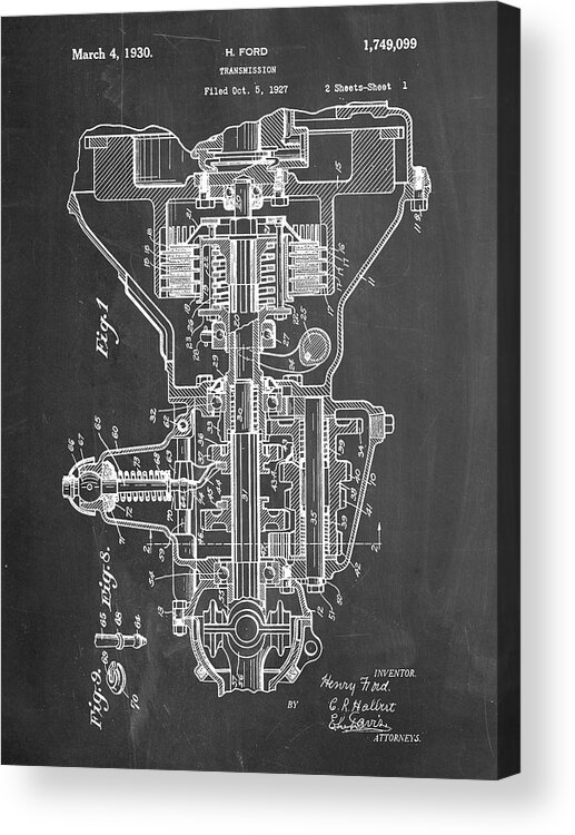 Pp289-chalkboard Henry Ford Transmission Patent Poster Acrylic Print featuring the digital art Pp289-chalkboard Henry Ford Transmission Patent Poster by Cole Borders