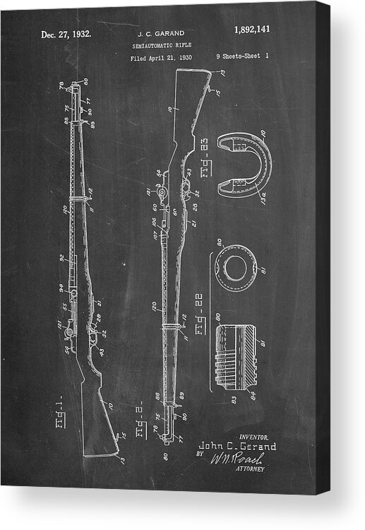 Pp35-chalkboard M-1 Rifle Patent Poster Acrylic Print featuring the digital art Pp35-chalkboard M-1 Rifle Patent Poster by Cole Borders
