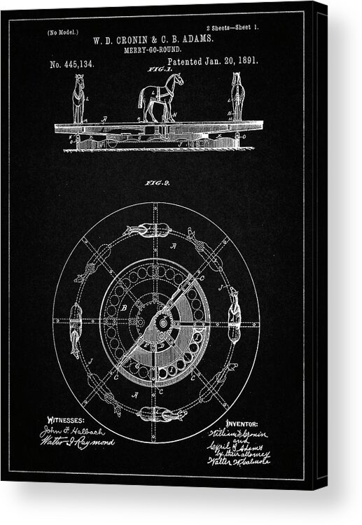 Pp351-vintage Black Carousel 1891 Patent Poster
 Acrylic Print featuring the digital art Pp351-vintage Black Carousel 1891 Patent Poster by Cole Borders