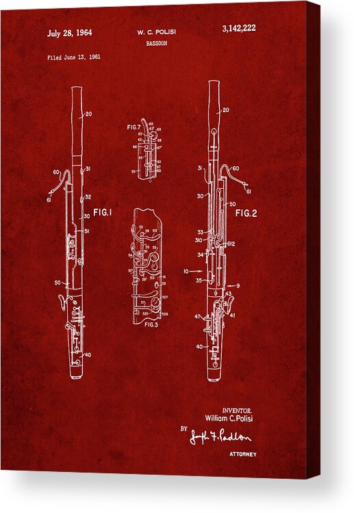 Pp392-burgundy Bassoon Patent Poster Acrylic Print featuring the digital art Pp392-burgundy Bassoon Patent Poster by Cole Borders