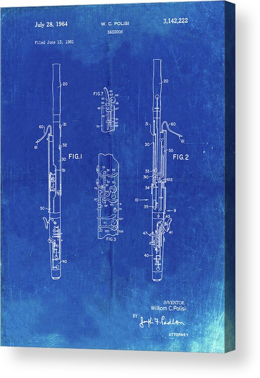 Pp392-faded Blueprint Bassoon Patent Poster Acrylic Print featuring the digital art Pp392-faded Blueprint Bassoon Patent Poster by Cole Borders