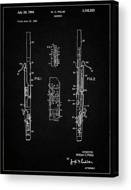 Pp392-vintage Black Bassoon Patent Poster Acrylic Print featuring the digital art Pp392-vintage Black Bassoon Patent Poster by Cole Borders