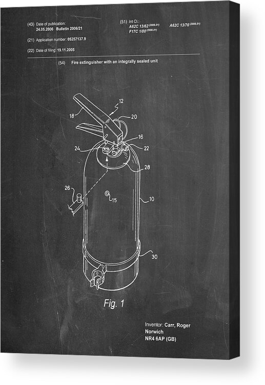 Pp396-chalkboard Modern Fire Extinguisher Patent Poster Acrylic Print featuring the digital art Pp396-chalkboard Modern Fire Extinguisher Patent Poster by Cole Borders