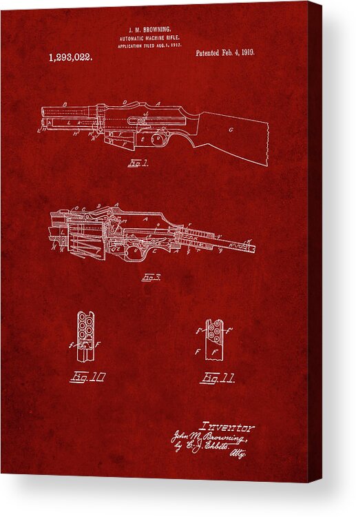 Pp469-burgundy M1919 Browning Automic Rifle Patent Poster Acrylic Print featuring the digital art Pp469-burgundy M1919 Browning Automic Rifle Patent Poster by Cole Borders