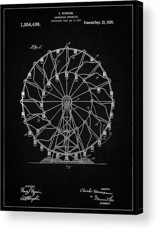 Pp615-vintage Black Ferris Wheel 1920 Patent Poster Acrylic Print featuring the digital art Pp615-vintage Black Ferris Wheel 1920 Patent Poster by Cole Borders