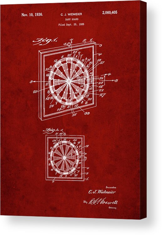 Pp625-burgundy Dart Board 1936 Patent Poster Acrylic Print featuring the digital art Pp625-burgundy Dart Board 1936 Patent Poster by Cole Borders