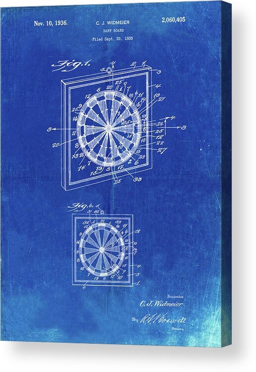 Pp625-faded Blueprint Dart Board 1936 Patent Poster Acrylic Print featuring the digital art Pp625-faded Blueprint Dart Board 1936 Patent Poster by Cole Borders