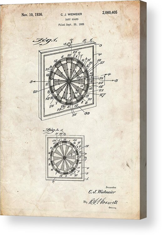 Pp625-vintage Parchment Dart Board 1936 Patent Poster Acrylic Print featuring the digital art Pp625-vintage Parchment Dart Board 1936 Patent Poster by Cole Borders