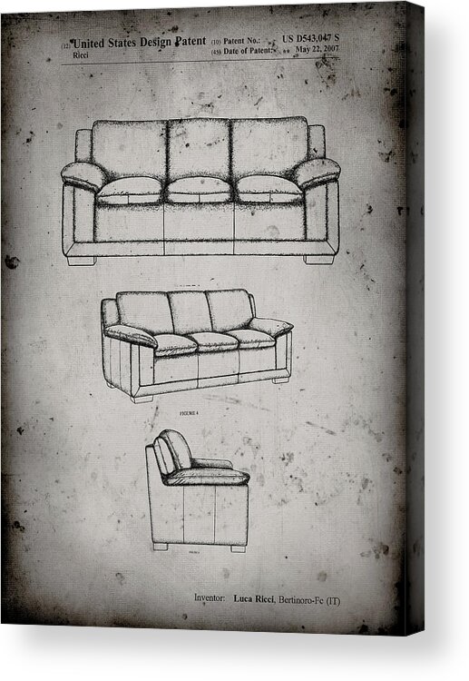 Pp671-faded Grey Couch Patent Poster Acrylic Print featuring the digital art Pp671-faded Grey Couch Patent Poster by Cole Borders