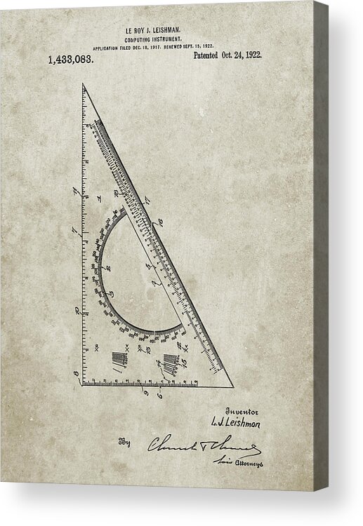 Pp786-sandstone Drafting Triangle 1922 Patent Poster Acrylic Print featuring the digital art Pp786-sandstone Drafting Triangle 1922 Patent Poster by Cole Borders