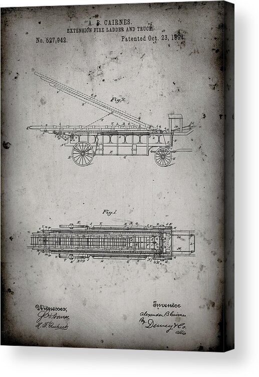 Pp808-faded Grey Fire Extension Ladder 1894 Patent Poster Acrylic Print featuring the digital art Pp808-faded Grey Fire Extension Ladder 1894 Patent Poster by Cole Borders