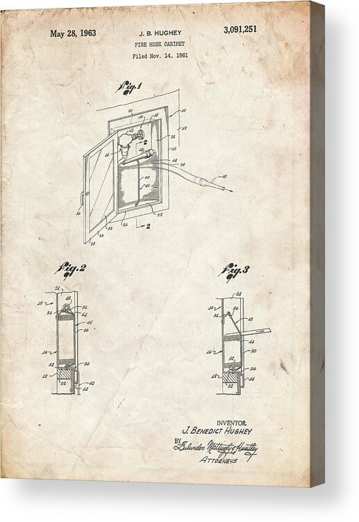 Pp809-vintage Parchment Fire Hose Cabinet 1961 Patent Poster Acrylic Print featuring the digital art Pp809-vintage Parchment Fire Hose Cabinet 1961 Patent Poster by Cole Borders