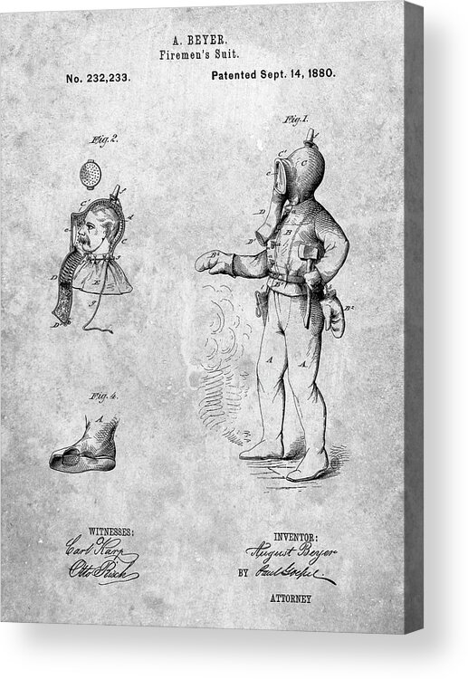 Pp811-slate Firefighter Suit 1880 Patent Poster Acrylic Print featuring the digital art Pp811-slate Firefighter Suit 1880 Patent Poster by Cole Borders