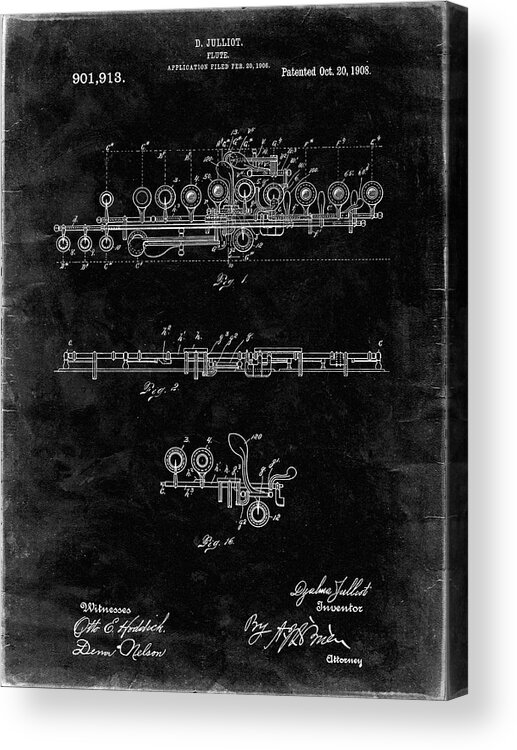 Pp820-black Grunge Flute 1908 Patent Poster Acrylic Print featuring the digital art Pp820-black Grunge Flute 1908 Patent Poster by Cole Borders