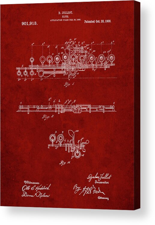 Pp820-burgundy Flute 1908 Patent Poster Acrylic Print featuring the digital art Pp820-burgundy Flute 1908 Patent Poster by Cole Borders