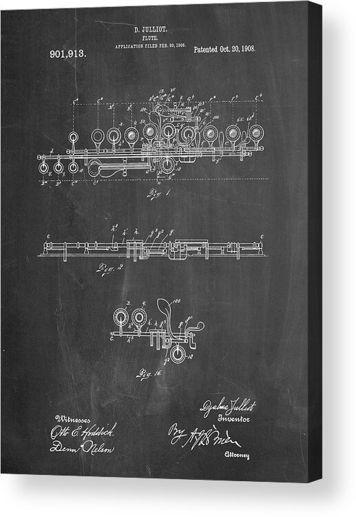 Pp820-chalkboard Flute 1908 Patent Poster Acrylic Print featuring the digital art Pp820-chalkboard Flute 1908 Patent Poster by Cole Borders