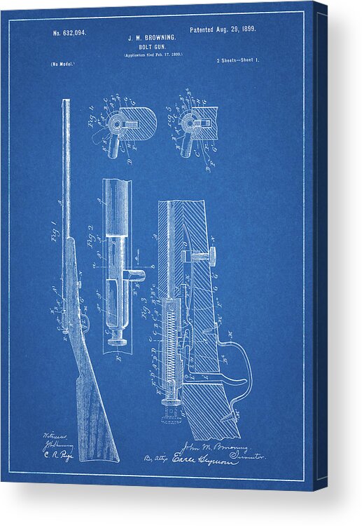 Pp93-blueprint Browning Bolt Action Gun Patent Poster Acrylic Print featuring the digital art Pp93-blueprint Browning Bolt Action Gun Patent Poster by Cole Borders