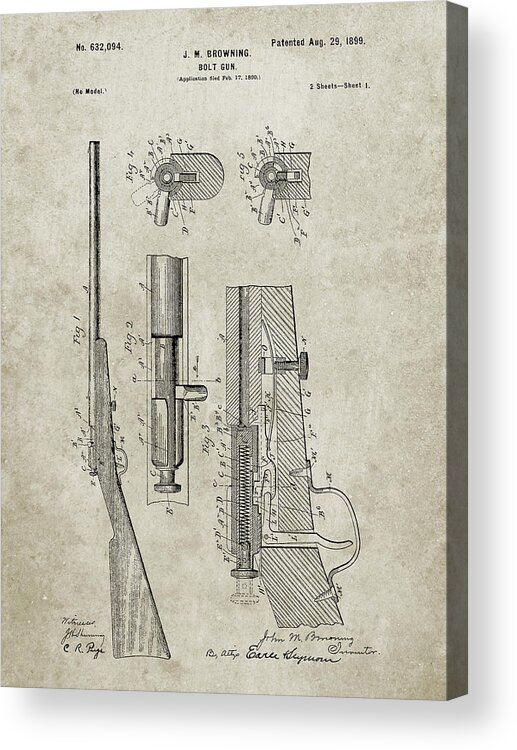 Pp93-sandstone Browning Bolt Action Gun Patent Poster Acrylic Print featuring the digital art Pp93-sandstone Browning Bolt Action Gun Patent Poster by Cole Borders