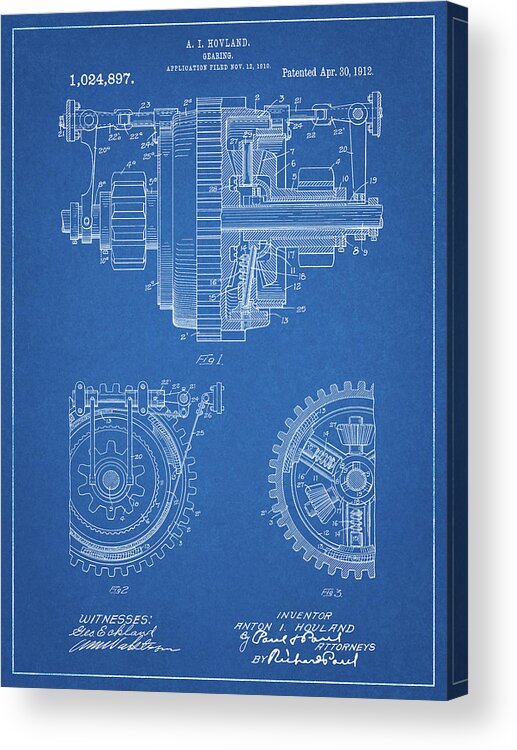 Pp953-blueprint Mechanical Gearing 1912 Patent Poster Acrylic Print featuring the digital art Pp953-blueprint Mechanical Gearing 1912 Patent Poster by Cole Borders