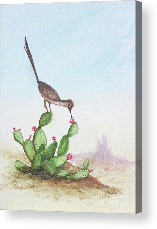 Wildlife Acrylic Print featuring the painting Roadrunner and Cacti by Roseann Gilmore