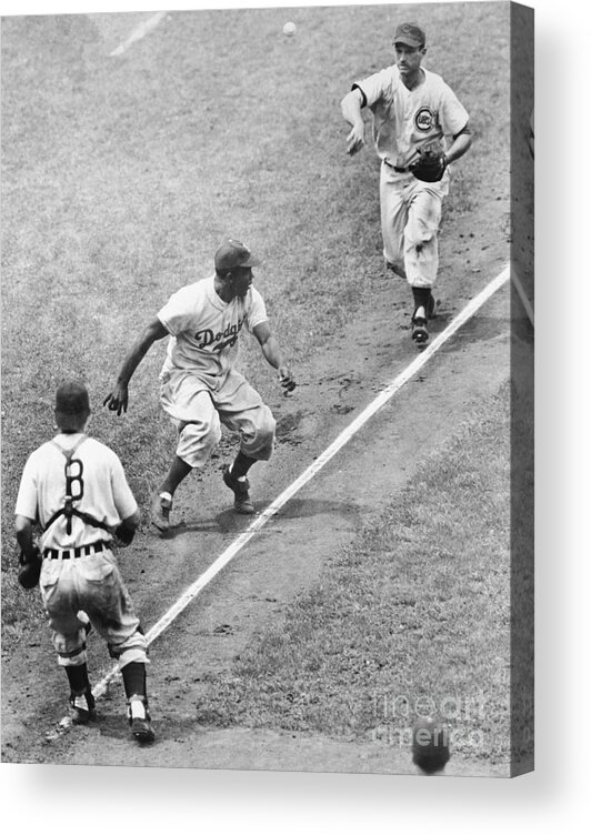 Baseball Catcher Acrylic Print featuring the photograph Robinson Trapped Between Third And Home by Bettmann
