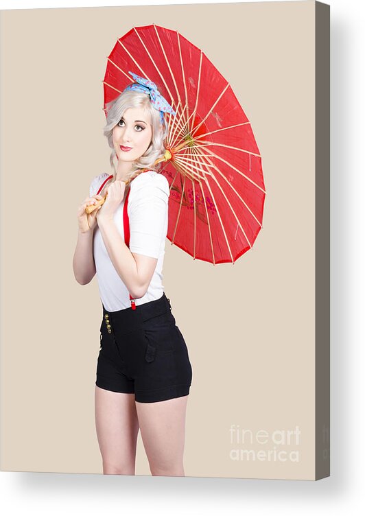 Vintage Acrylic Print featuring the photograph Smiling retro woman holding a red umbrella by Jorgo Photography