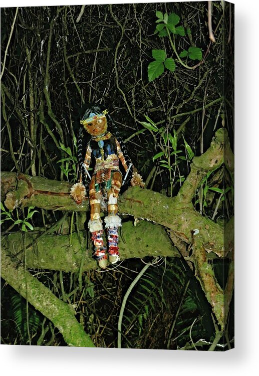 Doll Acrylic Print featuring the photograph Spooky doll in forest by Martin Smith