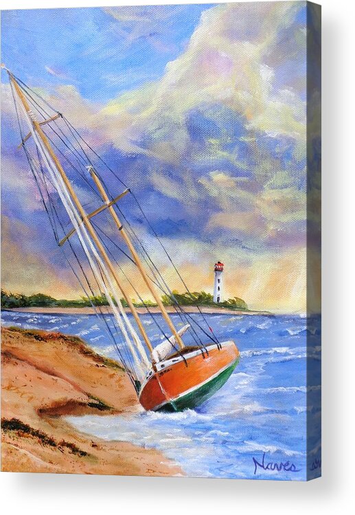 Storm Acrylic Print featuring the painting Storm Boat Beaching by Deborah Naves