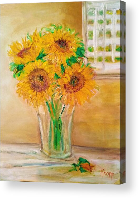 Sunflowers With Their Green Stems And Bright Colors In A Half Filled Water Vase. Hippiessunflowers Acrylic Print featuring the painting Sunflowers by Kathy Knopp