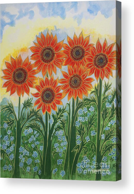 Sunflowers Acrylic Print featuring the painting Sunny Red-Orange Sunflowers by Holly Carmichael