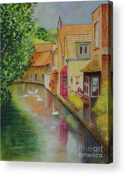 Bruges Acrylic Print featuring the painting Swan Canal by Karen Fleschler