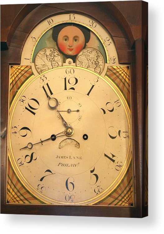 Lane Acrylic Print featuring the mixed media Tall case clock face, around 1816 by James Lane