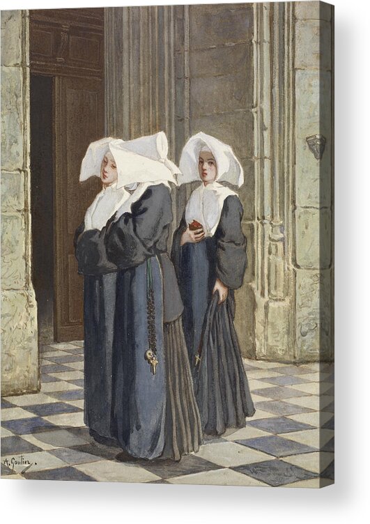 19th Century Art Acrylic Print featuring the drawing Three Nuns in the Portal of a Church by Armand Gautier