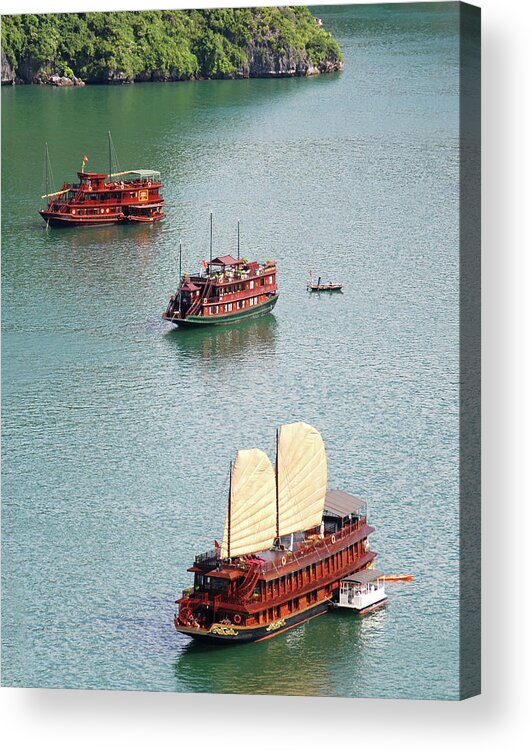 Seascape Acrylic Print featuring the photograph Tourist wooden Boats at Halong Bay Vietnam by Michalakis Ppalis
