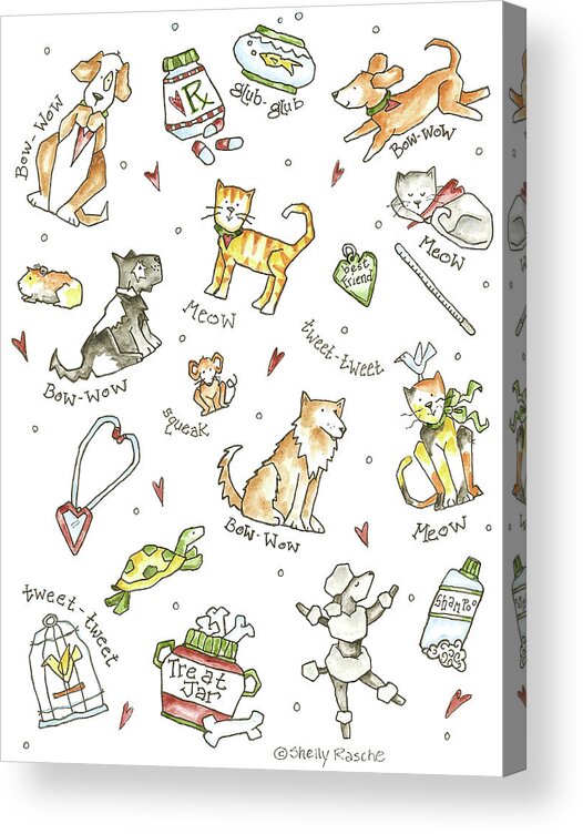 Collage Of Dogs And Cats With Various Vet Items 
Pattern Acrylic Print featuring the painting Vet Art by Shelly Rasche