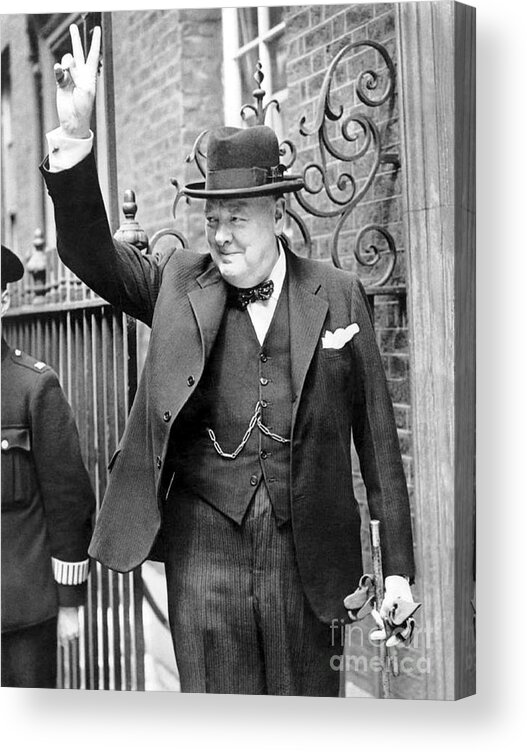 Churchill Acrylic Print featuring the photograph Winston Churchill showing the v sign by English School