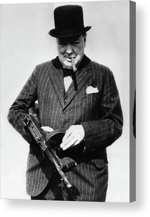 Winston Churchill Acrylic Print featuring the painting Winston Churchill with Tommy Gun by English School