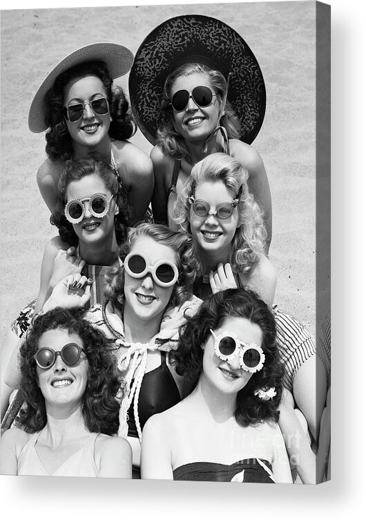 Rose Colored Acrylic Print featuring the photograph Women In Swimwear Modeling Sunglasses by Bettmann