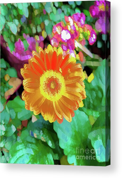 Abstract Acrylic Print featuring the photograph Yellow flower with green leaf abstract by Phillip Rubino