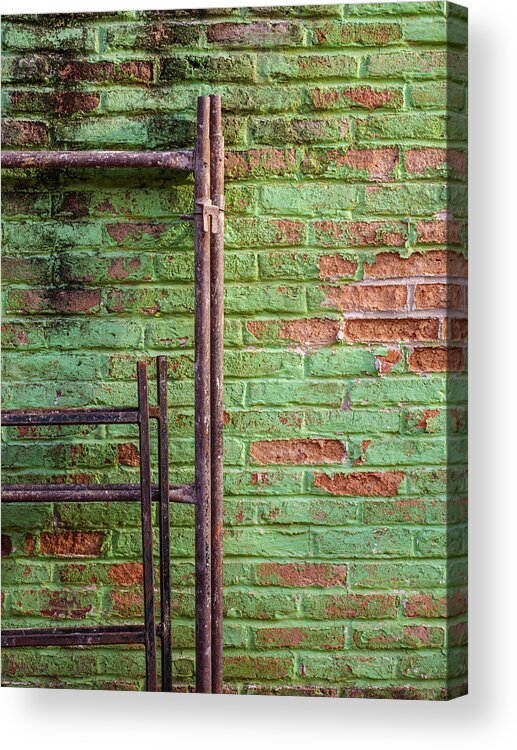 Mexico Acrylic Print featuring the photograph Scaffolding against green wall. #1 by Rob Huntley